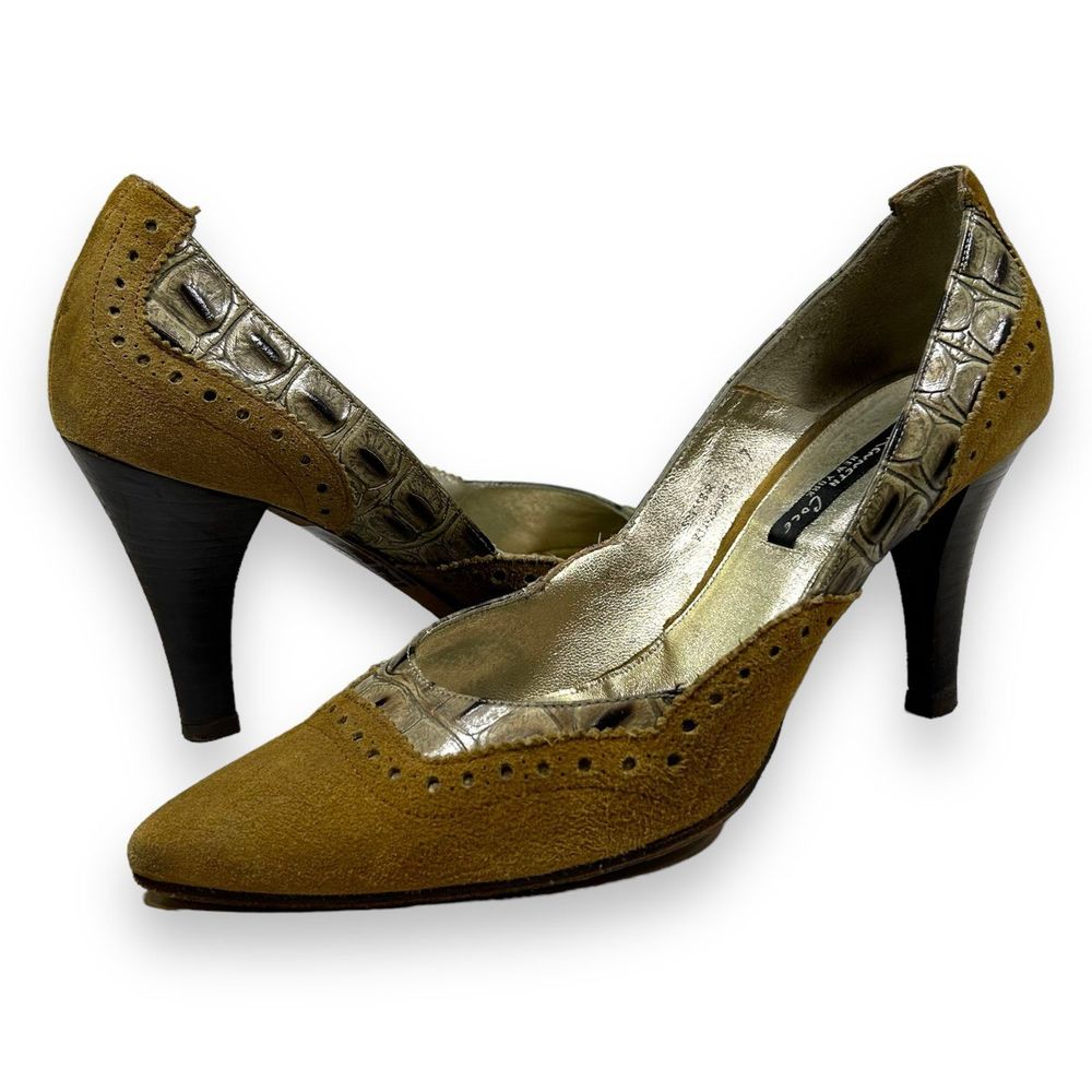 VTG Kenneth Cole‎ Leather Suede Croc Embossed Pointed Toe Pump Heels 7 Brown